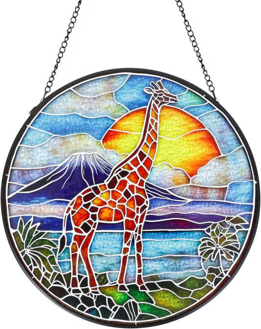 Giraffe Handmade Stained Glass Window Hanging Suncatcher with Chain - 7.9" Outdoor/Indoor Art Decor