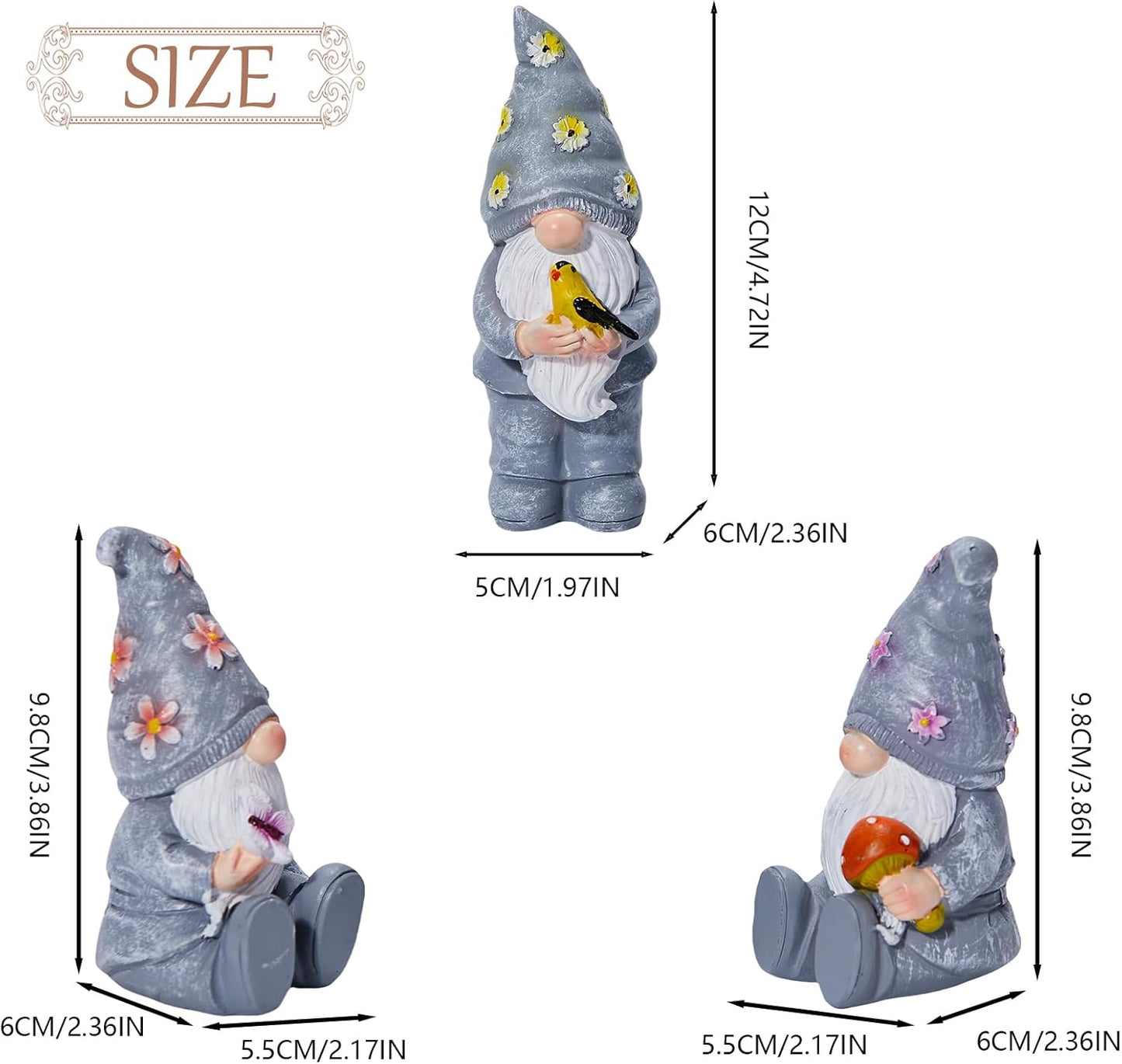 Artpaul 3 Pcs Gnomes Decorations Figurine Resin Statues,Cute Mushroom Bird Butterfly Gnomes for Home Table Shelf Gift Décor Accents (Grey)