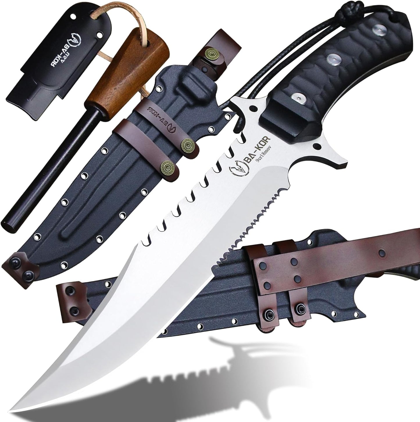 BA-KOR (15.8 inches) 5mm full Tang 9CR18MOV steel nylon fiber handle Bowie knife + sheath + (5.9 inches) cerium element striker, suitable for outdoor hunting, camping, survival, and daily carry of tools. (Sanding I (Half Teeth))