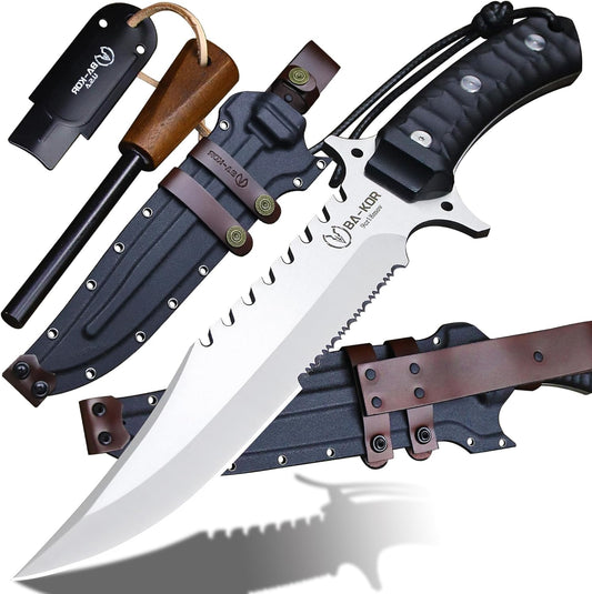 BA-KOR (15.8 inches) 5mm full Tang 9CR18MOV steel nylon fiber handle Bowie knife + sheath + (5.9 inches) cerium element striker, suitable for outdoor hunting, camping, survival, and daily carry of tools. (Sanding I (Half Teeth))