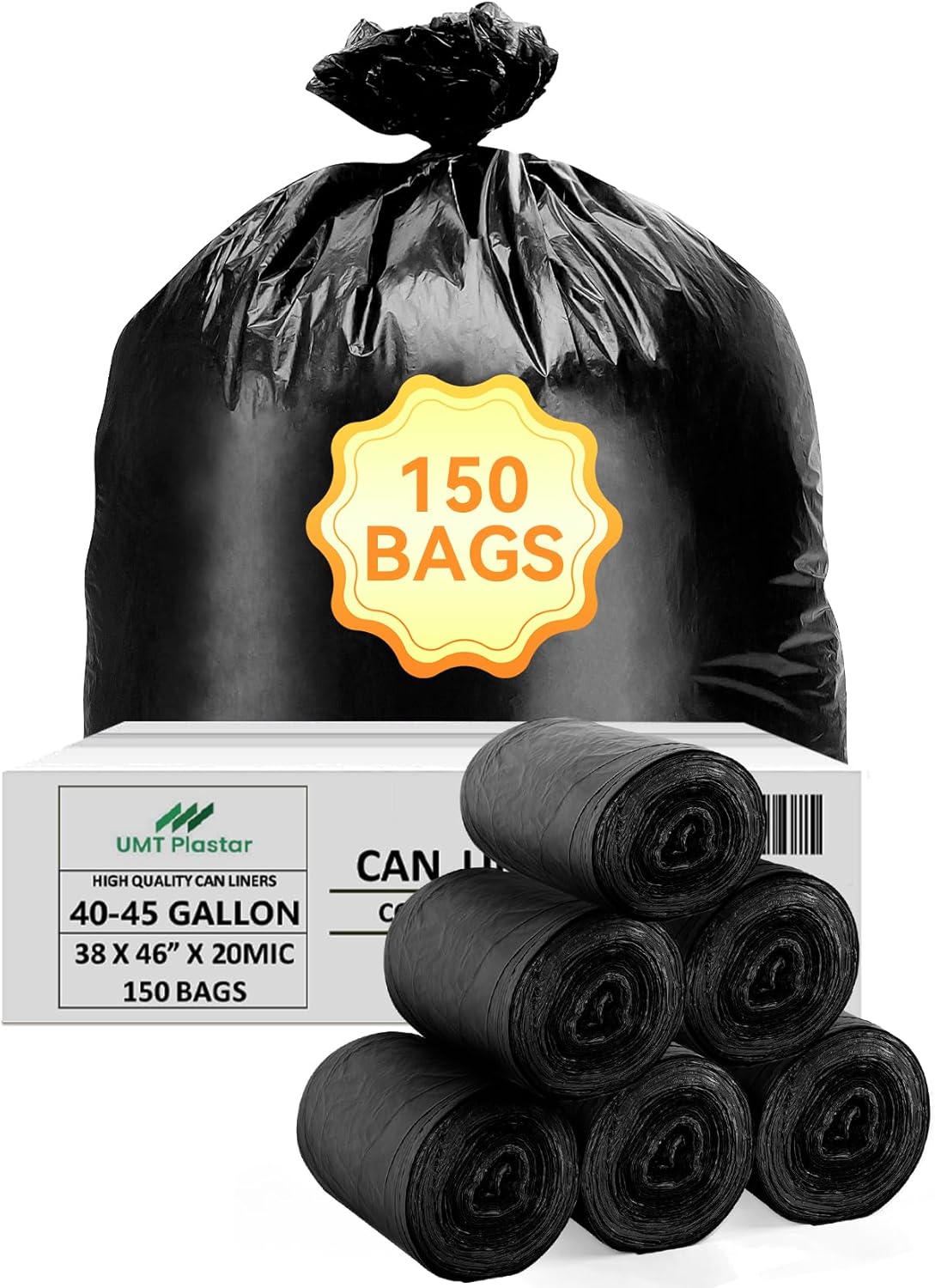 150 Count Heavy Duty Black Trash Bags, 40-45 Gallon, 38x46 Inches, 20 Micron Thick Large Garbage Bags