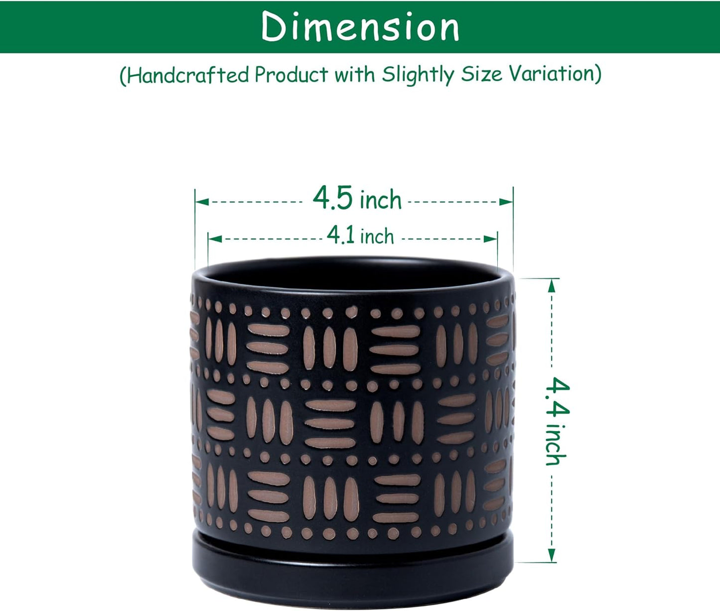 D'vine Dev Set of 2 Ceramic Planter Pots with Drainage Hole and Saucer, 4.5 Inch Plant Pots for Plants Indoor Houseplants, Black, 99-Z-F-2-V
