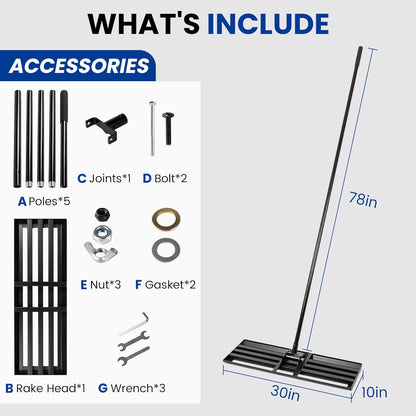 Lawn Leveling Rake, 30x10 Inch Carbon Steel Soil Leveler with 78" Adjustable Long Handle, Perfect for Yard, Golf Field, Dirt & Ground Surfaces