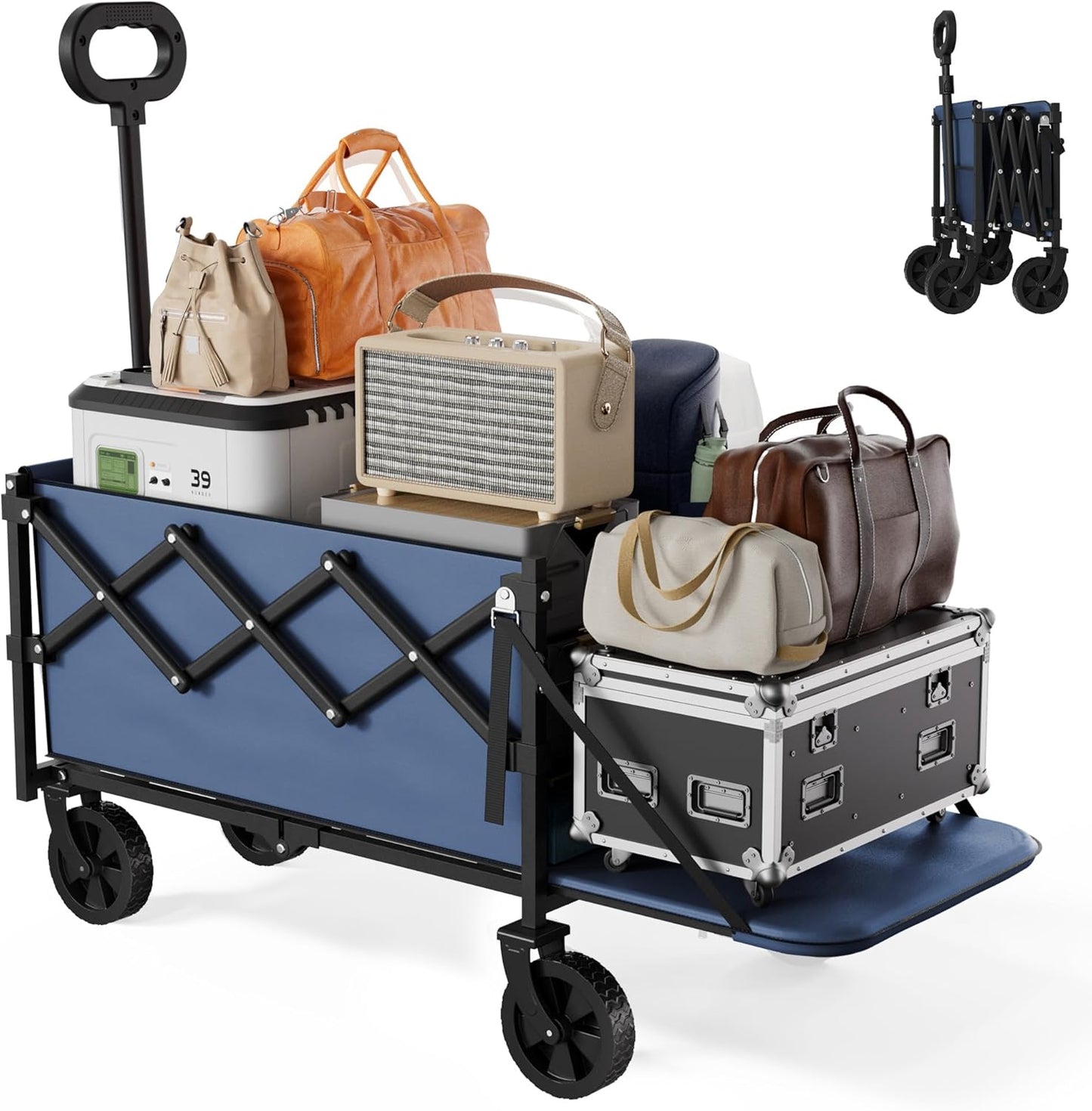 Collapsible Wagon with Wheels & Tailgate, 350LBS Wagons Carts Foldable Heavy Duty, Lightweight Portable Folding Utility Wagon Grocery Shopping Cart for Garden, Camping, Beach (Navy)