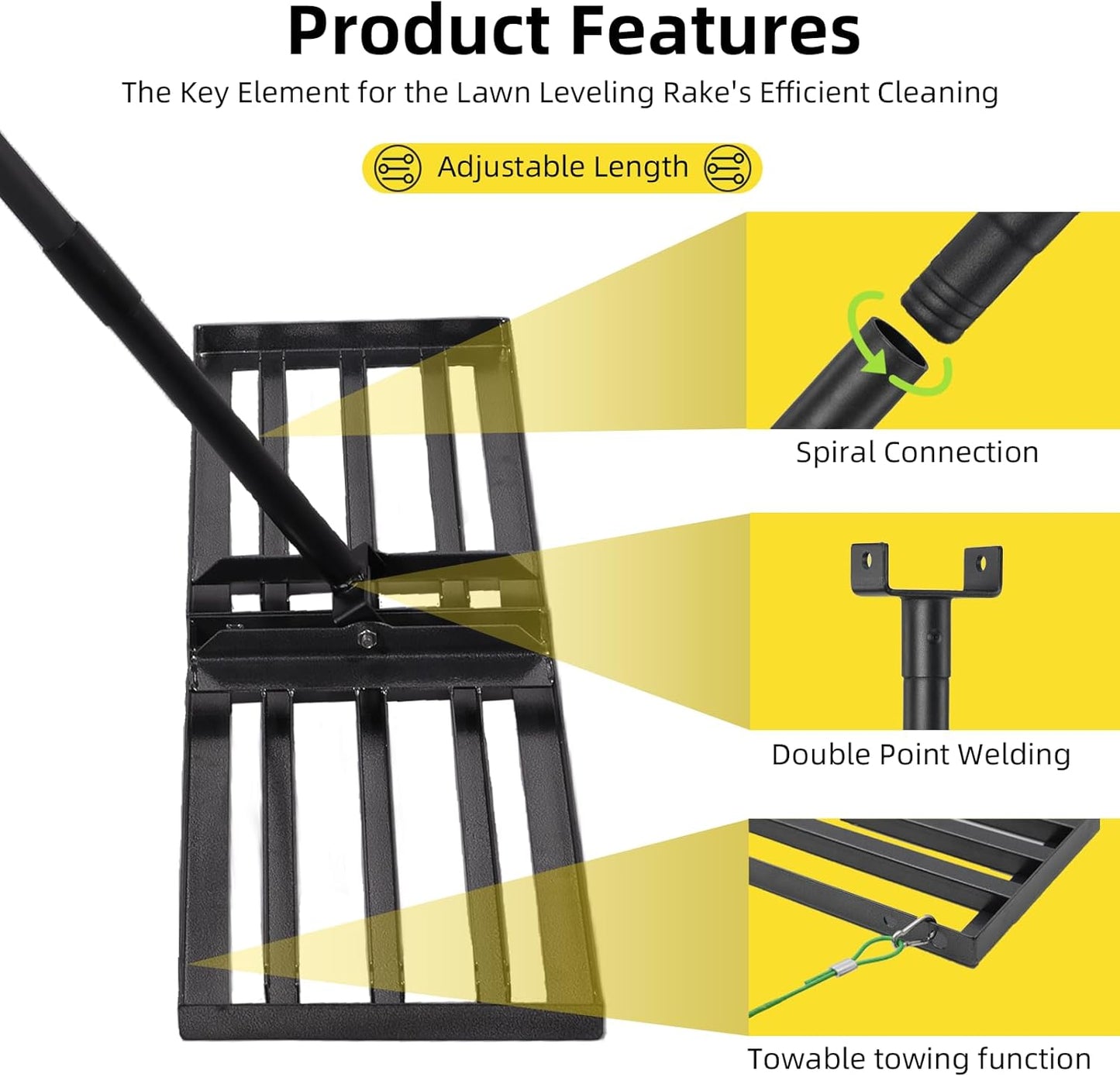 Lawn Leveling Rake Heavy Duty Stainless Steel Landscaping Tool, 34" X 9.4" Yard Leveling Rake with Sturdy Wire Rope Ideal for Backyard, Garden, Golf Course, Farm, Pasture