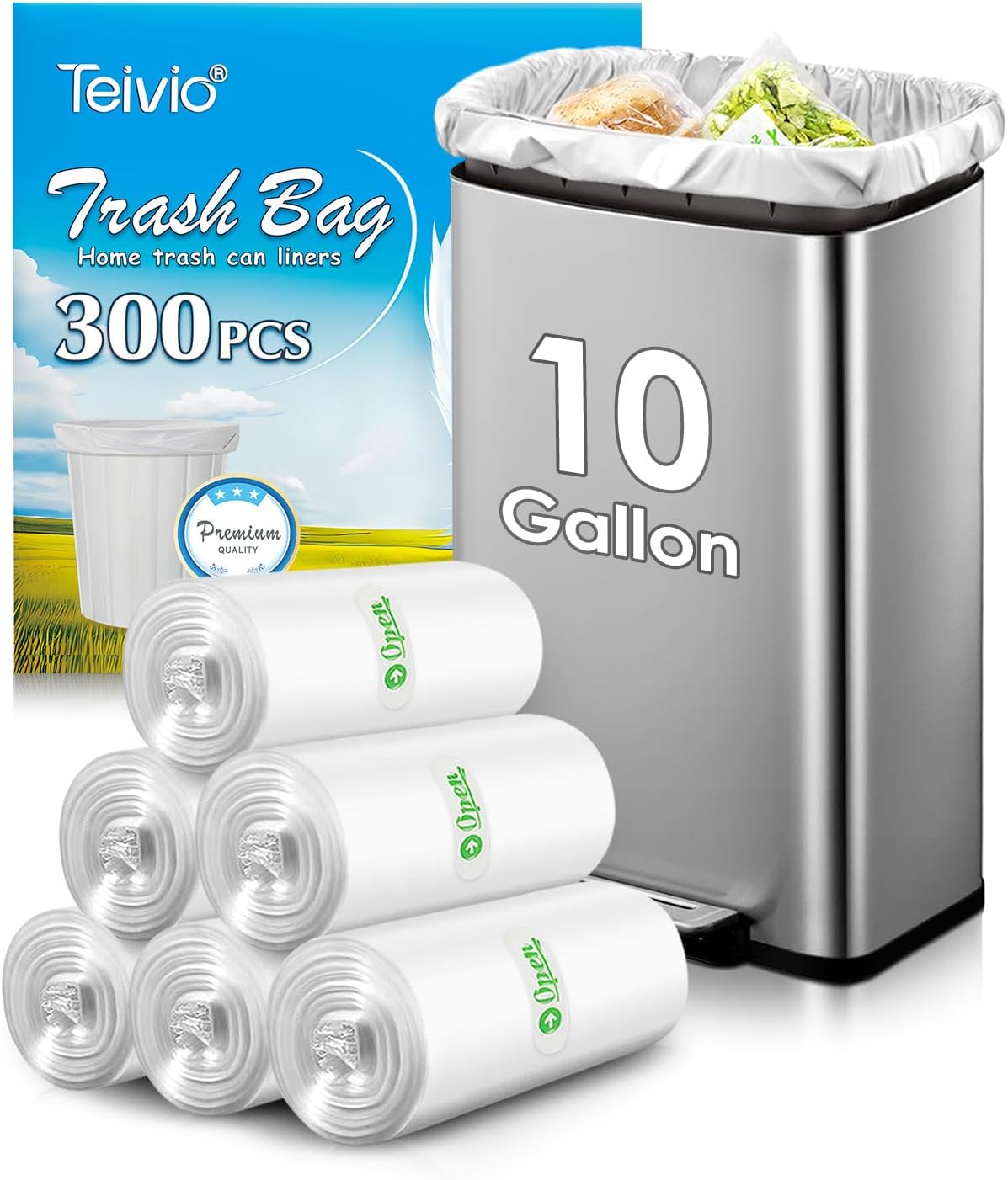 10 Gallon 300 Counts Medium Trash Bags Tall Kitchen Garbage Bags by Teivio, 9 Gallon 10 Gallon 11 Gallon,Bathroom Trash Can Bin Liners, Intended for Home,Plastic Bags for office kitchen, Clear