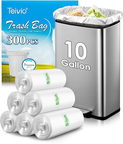 10 Gallon 300 Counts Medium Trash Bags Tall Kitchen Garbage Bags by Teivio, 9 Gallon 10 Gallon 11 Gallon,Bathroom Trash Can Bin Liners, Intended for Home,Plastic Bags for office kitchen, Clear