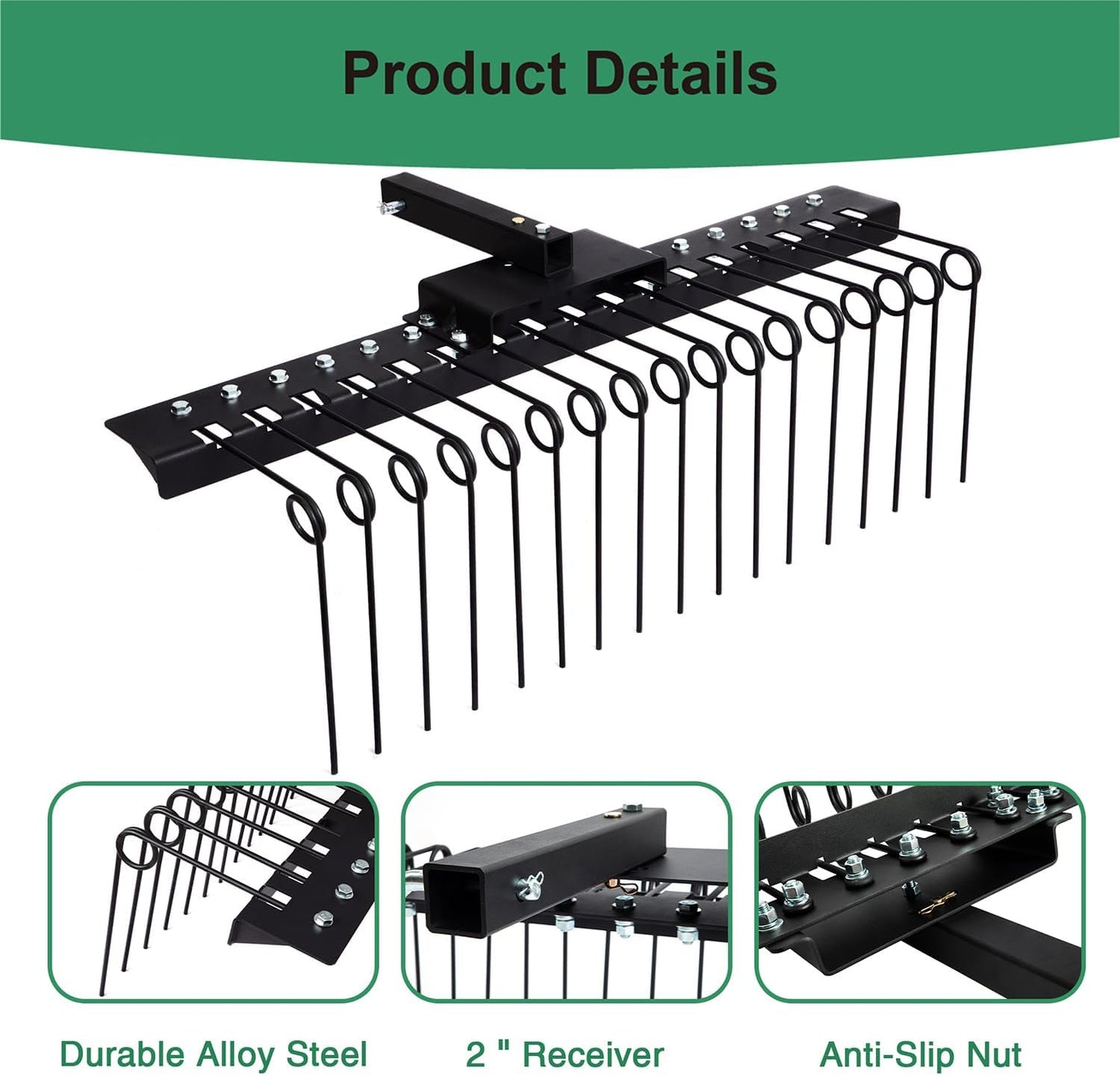 48" Durable Pine Straw Rake Steel Spring Landscape Rake Fits 2" Receiver for Lawn Tractors or ATV/UTV Black