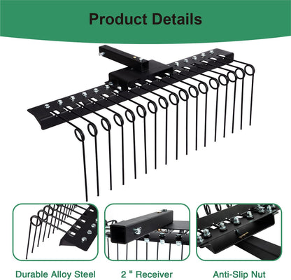 48" Durable Pine Straw Rake Steel Spring Landscape Rake Fits 2" Receiver for Lawn Tractors or ATV/UTV Black
