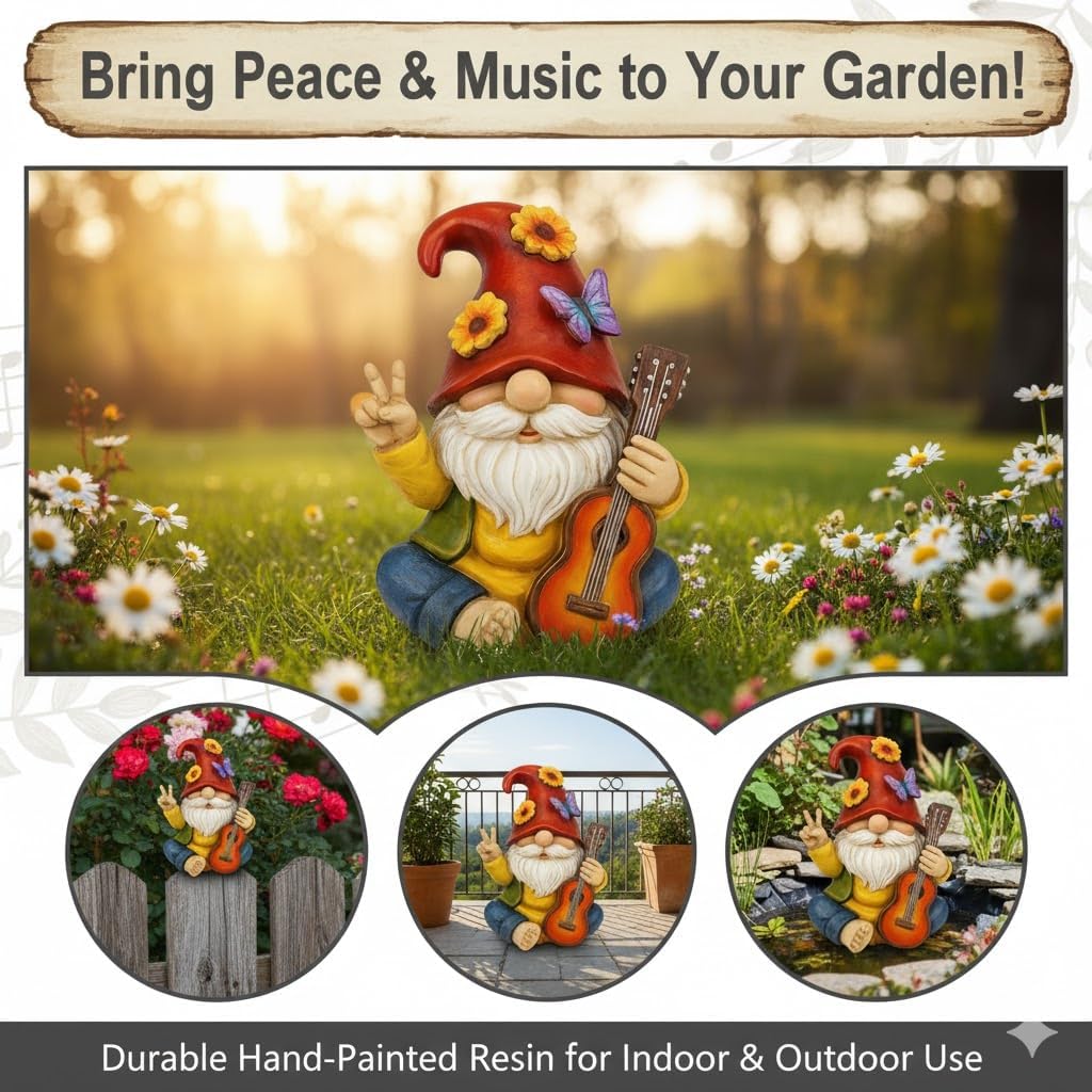 Peace Sign Garden Gnome Figurine Outdoor Statue, Funny Guitar Playing Dwarf Rock Music Decor - 6‘’ Resin Lawn Ornament, Unique Housewarming Gift for Music Lovers & Gardeners (Red)
