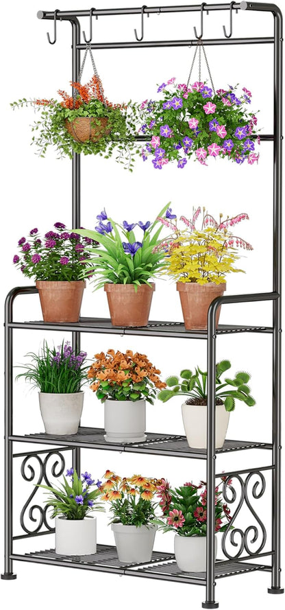 Plant Stand Indoor Outdoor Heavy Duty Metal - 56.4" Tall 3-Tier Shelf for Multiple Plants, Flowers, Rustproof Black Storage Rack for Patio, Balcony, Living Room, Garden, Includes Hooks&Adjustable Feet
