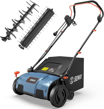 SENIX 13 Amp 15-Inch 2-in-1 Electric Dethatcher and Scarifier with 13.2-Gal Collection