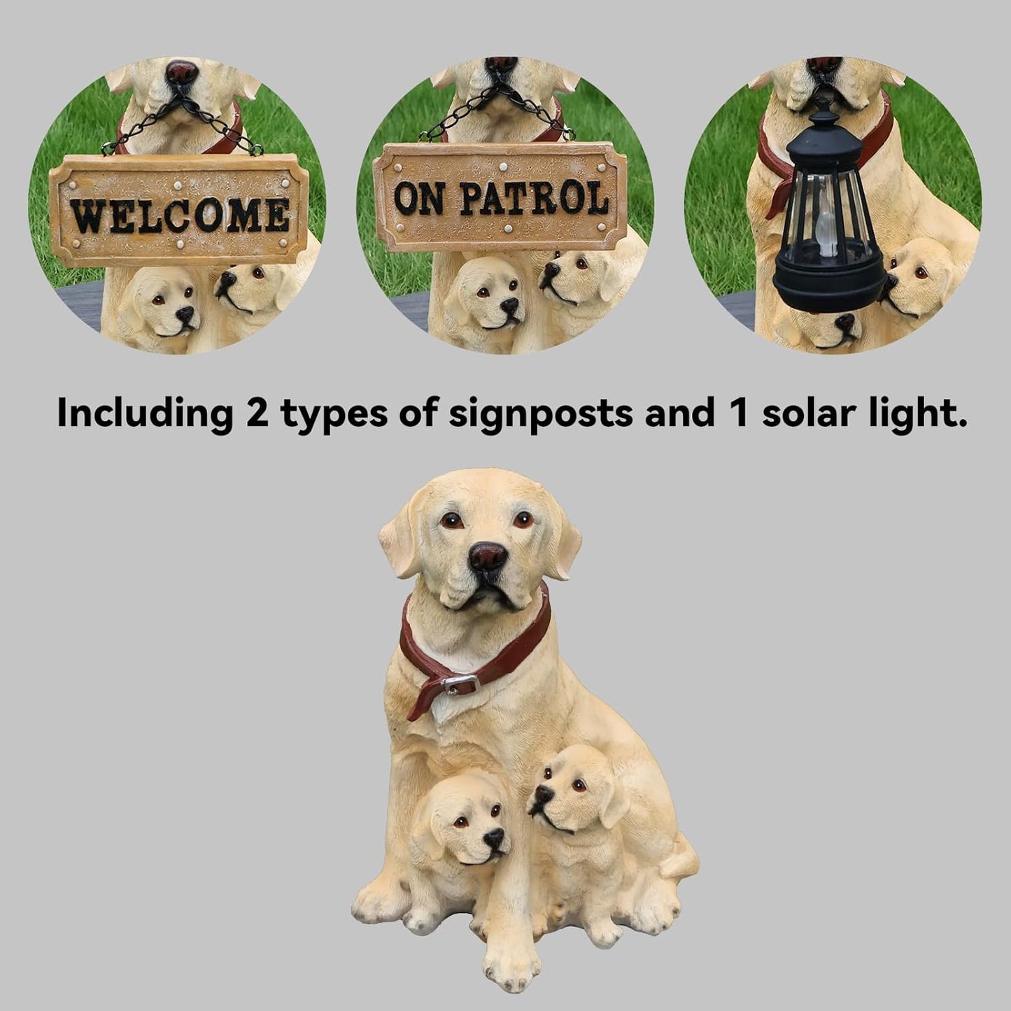 Labrador Retriever Outdoor Dog Family Statue with Reversible “Welcome/ON Patrol” Hanging Plaque and Solar Lantern, Yellow Mom with Two Puppies, Sitting Yard Greeter