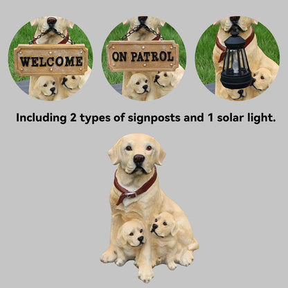 Labrador Retriever Outdoor Dog Family Statue with Reversible “Welcome/ON Patrol” Hanging Plaque and Solar Lantern, Yellow Mom with Two Puppies, Sitting Yard Greeter