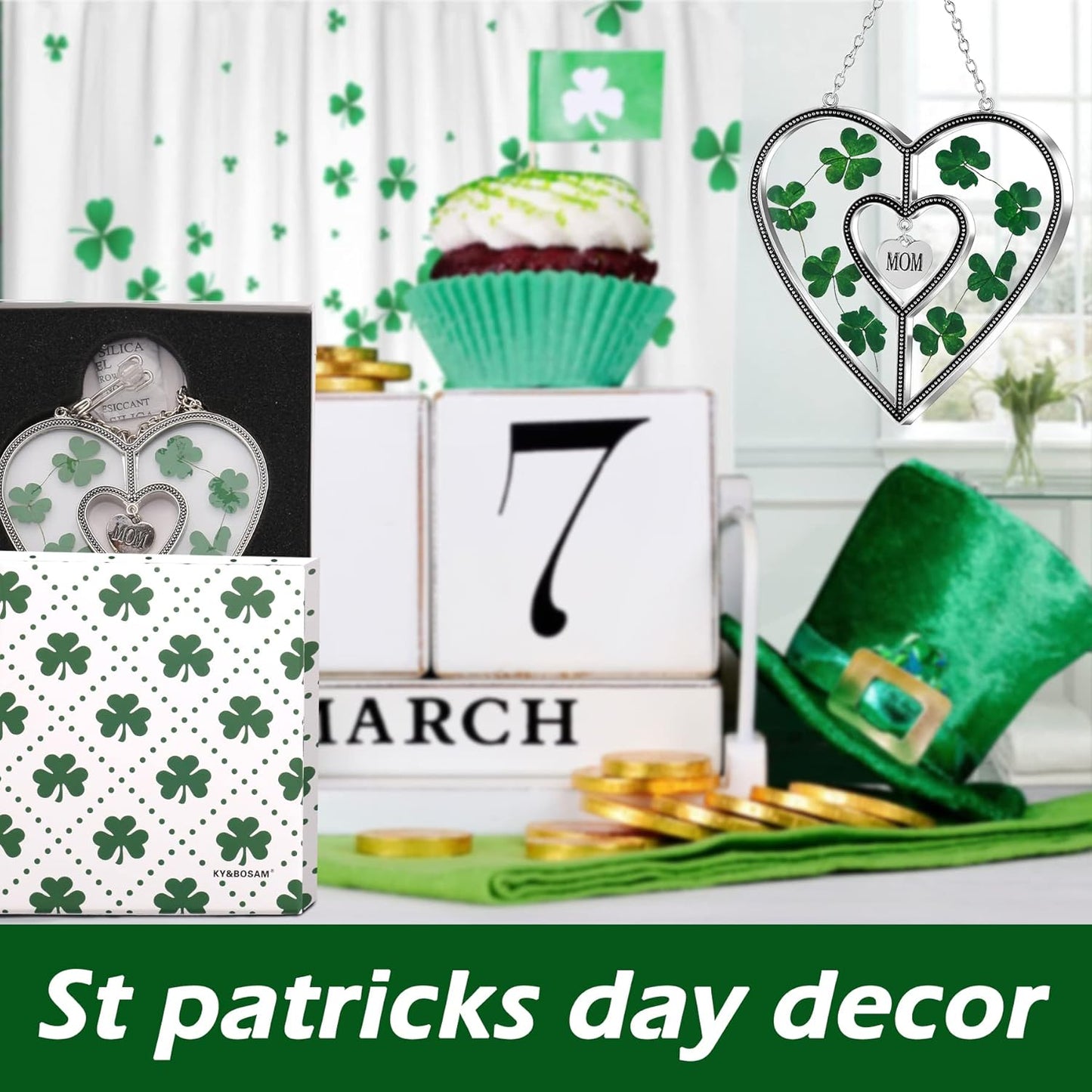 KY&Bosam Irish Shamrock Heart Suncatcher Mom Gifts Glass Suncatchers for Windows hangings Wind Chime Ornament with Pressed Flower Heart Gift for Women St Patrick's Day Decoration Irish
