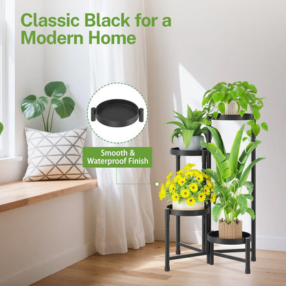 iDavosic.ly Plant Stand Indoor Outdoor, 4 Tier Corner Metal Flower Display Holder Shelf, Folding Tall Orchid Rack for Patio Balcony Porch Garden Living Room House, Black