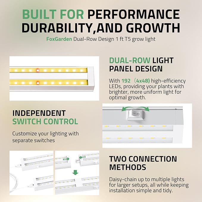 FOXGARDEN Grow Lights for Indoor Plants, 1FT 32w (4×8W) Full Spectrum LED Plant Growing Lamp, Grow Light Strip, Plug and Play, Separate Switch, 4-Pack