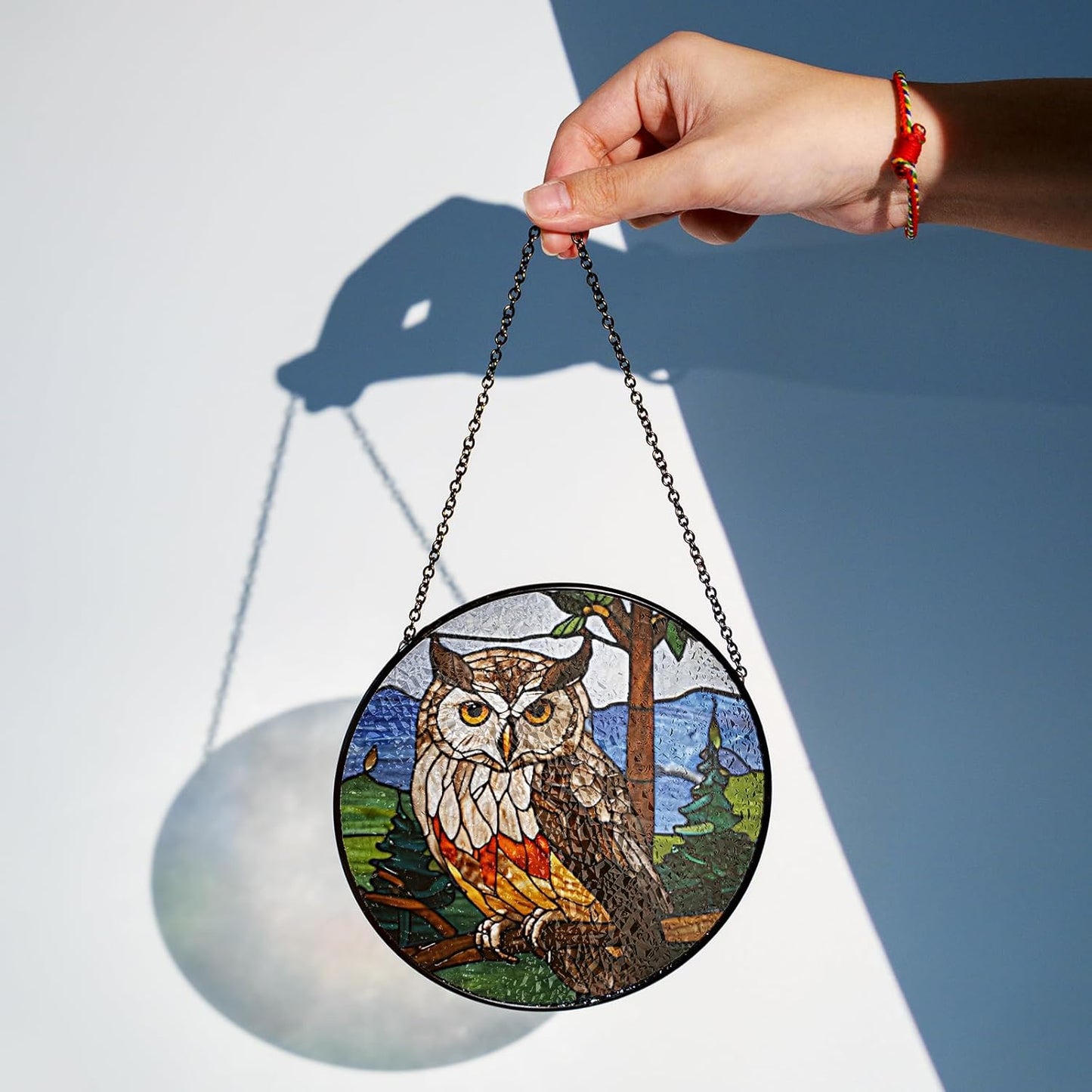7.8" Owl Stained Glass Suncatchers Art Glass Wildlife Bird for Sun Catcher Indoor Window Gifts for Pet Animal Nature Floral Lovers Women Grandma Mom Friend Painted Panel Décor BIRD-07B-SG8
