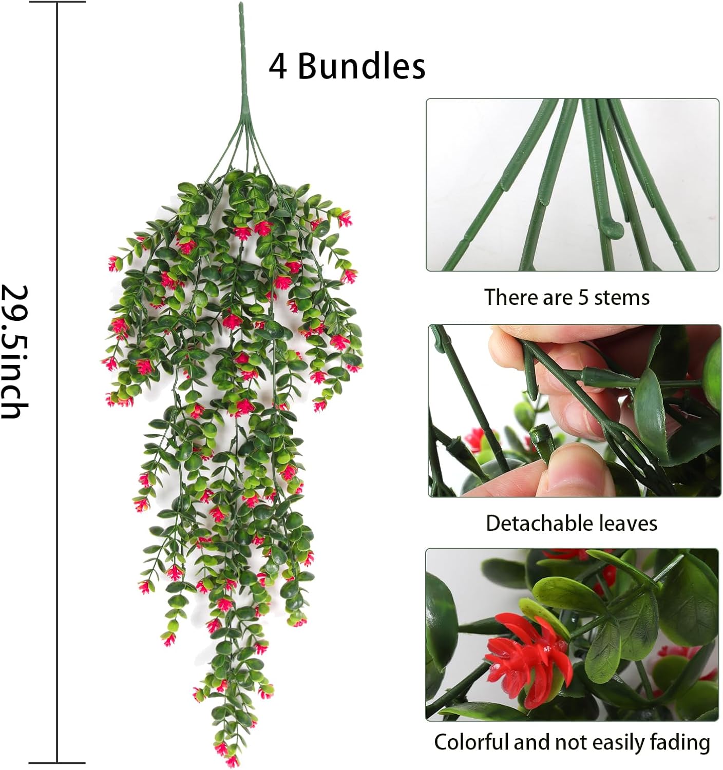 RECUTMS Fake Hanging Eucalyptus Plant Faux Flowers Leaf Greenery Vine Decor UV Resistant 2.5FT for Indoor Outdoor Room Wall Wedding Patio Porch Decor 4 Pack Red