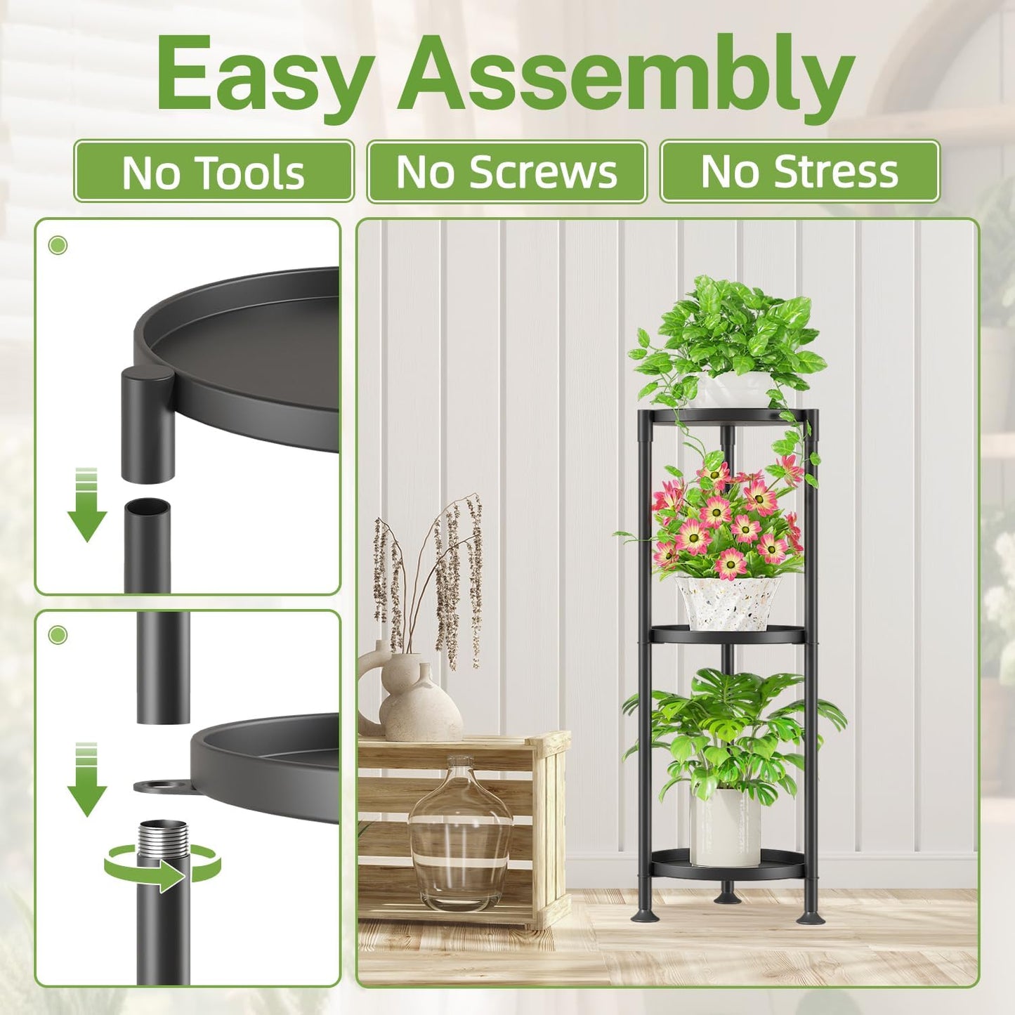 iDavosic.ly 3 Tier Plant Stand Indoor with 10 Inch Wide Tray, Vertical Corner Metal Outdoor Flower Display Holder Shelf, Folding Tall Rack for Patio Porch Living Room, Modern Black