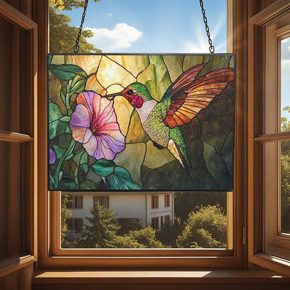 Customized Rectangle Art Nouveau Hummingbird and Glory Stained Glass Window Hanging, Stained Glass Suncatcher for Women, Window Decor Perfect Home Décor