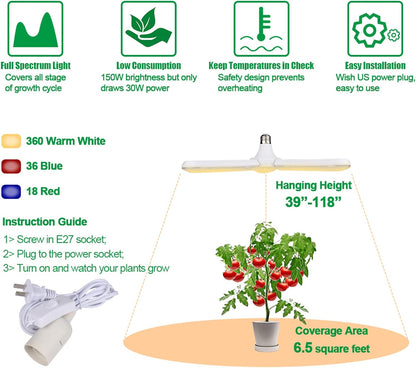 xingruyu 2 Pack 150W LED Grow Light Bulb Foldable Sunlike Full Spectrum Grow Light for Indoor Plants, 414 LEDs Sunlike Plant Light with Power Cord, E27 Plant Lamp for Flowers,Greenhouse Hydroponic