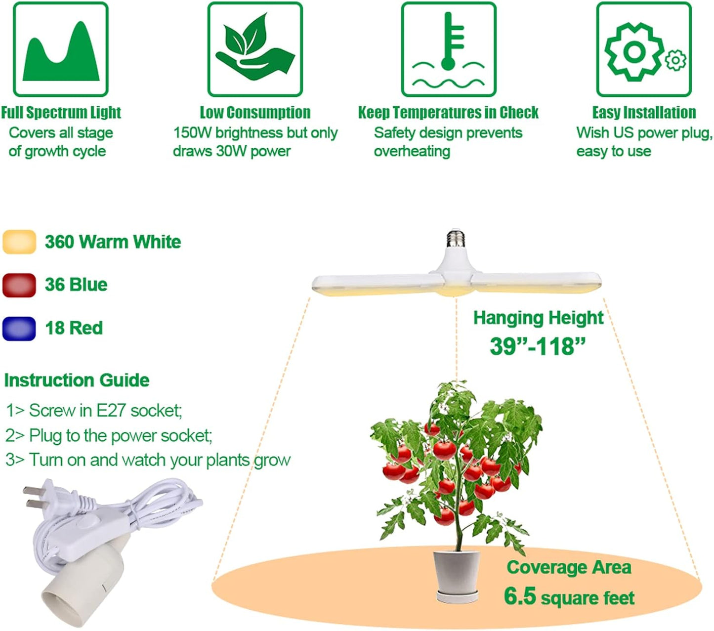 150W LED Grow Light Bulb 414 LEDs Sunlike Full Spectrum Foldable Plant Grow Light with Extension Hanging Pendant Light Cord Cable, Led Grow Lamp for Indoor Plants, Greenhouse, Hydroponic , E27 Base