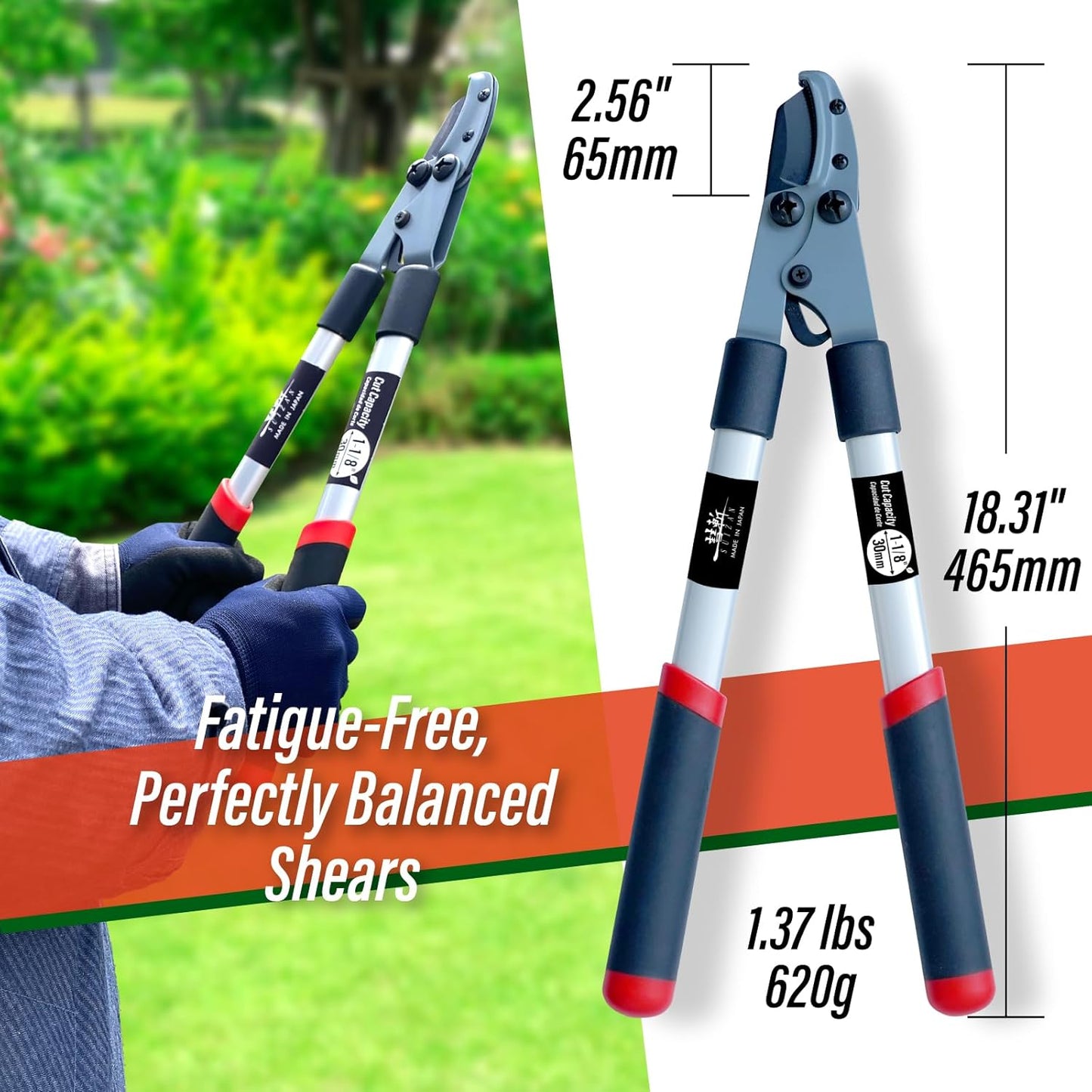 SUIZAN Anvil Hand Loppers 18" - Professional Japanese Branch Cutter Lightweight Compact Tree Trimmer Gardening Tools