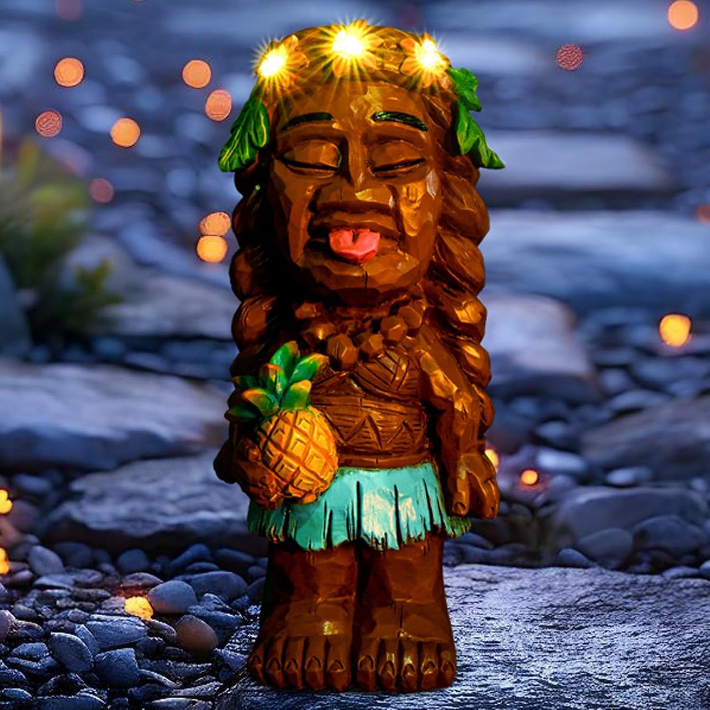 Solar Tiki Girl Garden Statues Tiki Lady Holding Pineapple Figurine with Flower LED Lights Bar Patio Porch Yard Outdoor Decorations Christmas Thanksgiving Birthday Gardening Gift for Mom Women