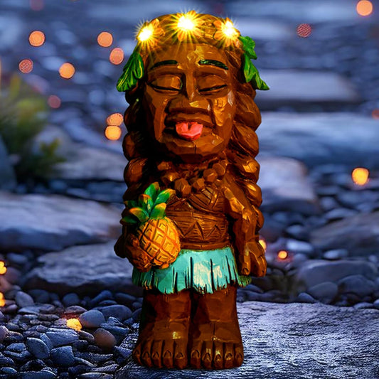 Solar Tiki Girl Garden Statues Tiki Lady Holding Pineapple Figurine with Flower LED Lights Bar Patio Porch Yard Outdoor Decorations Christmas Thanksgiving Birthday Gardening Gift for Mom Women