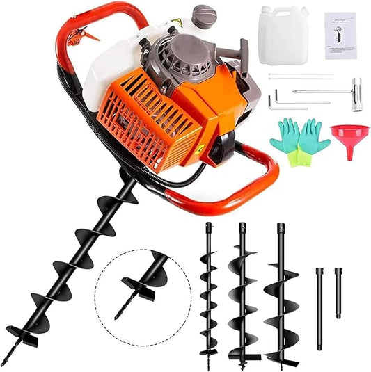 85cc Post Hole Digger 2-Stroke Petrol Gas Powered Earth Digger with 2 Extension Rods （12" & 20"）+ 3 Auger Drill Bits (4" 6" & 8") for Farm Garden Plant