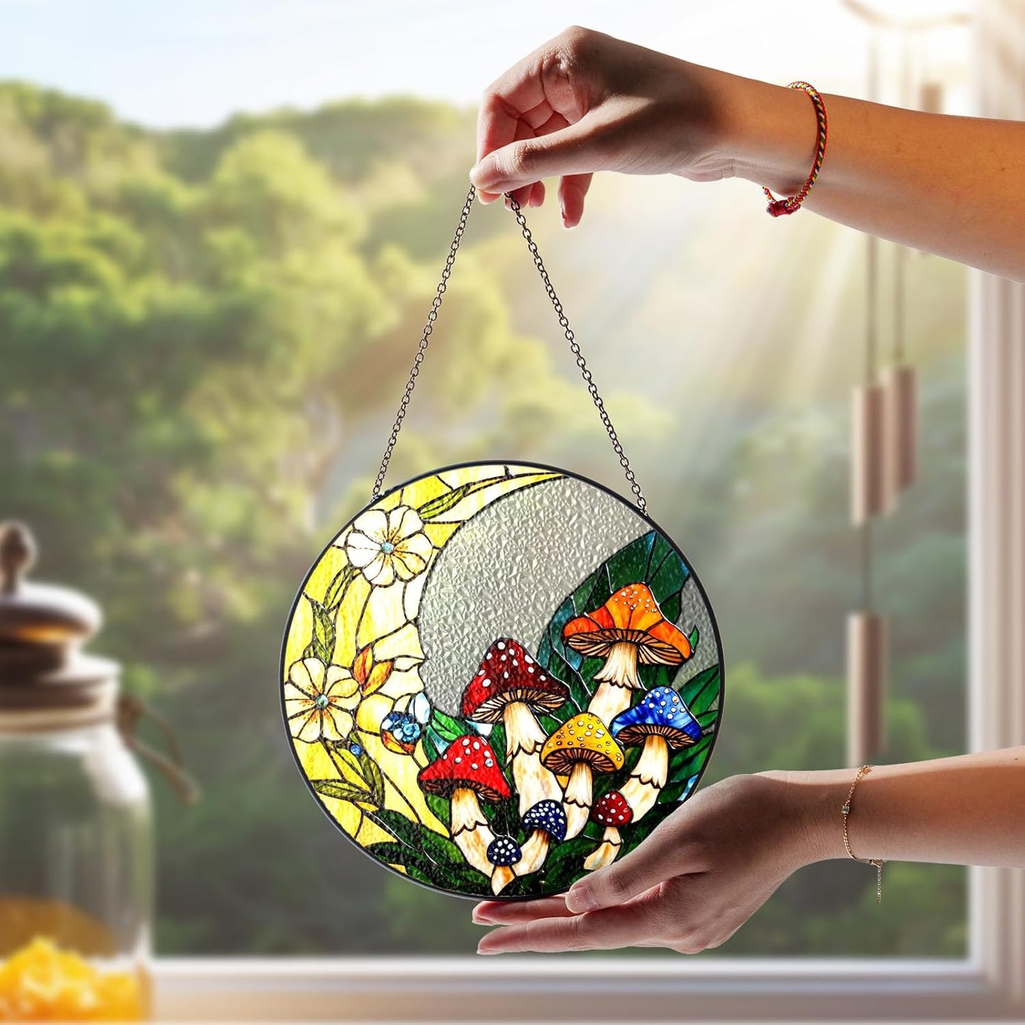 7.8" Mushrooms Stained Glass, Suncatcher for Window Hanging, Suncatcher Art Decor for Home Garden Housewarming, Natural Scenery Gift for Mom, Grandma, Women, Friends, Couples ART-12E-SG8