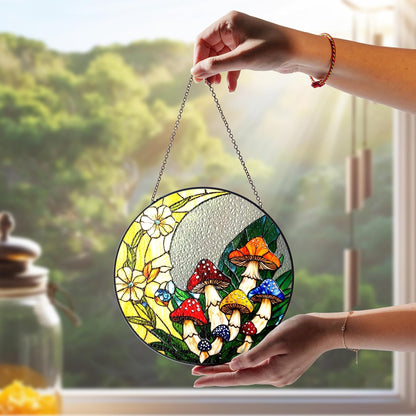 7.8" Mushrooms Stained Glass, Suncatcher for Window Hanging, Suncatcher Art Decor for Home Garden Housewarming, Natural Scenery Gift for Mom, Grandma, Women, Friends, Couples ART-12E-SG8