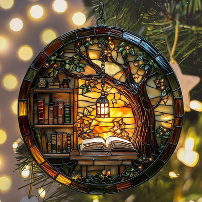 Forest Library Bookshelves Acrylic Suncatcher Stained Glass Effect Window Car Hanging Christmas Ornament Indoor Outdoor Decor Garden Sun Catcher Panel for Book Lover for Women Mom Grandma