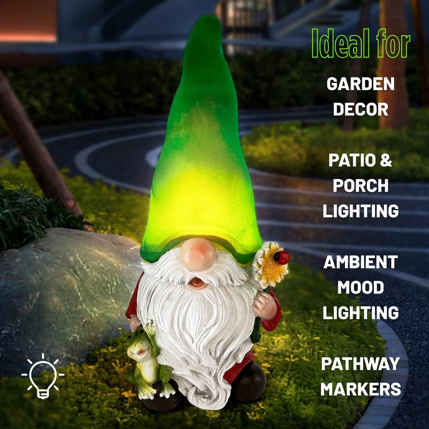 Gnome with Frog and Flower, Solar Garden Lights, Decor for Yard, Patio, Lawn - Novel Gift for Women, Mom, Friends(Green Hat Gnomes)