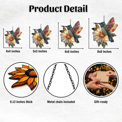 Hummingbird Mosaic Style Acrylic Suncatcher Stained Glass Effect Window Car Hanging Christmas Ornament Indoor Outdoor Decor Garden Sun Catcher Panel for Hummingbird Lover for Women Mom Grandma