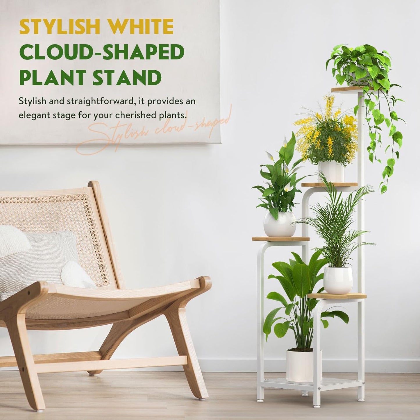 TOSKING 5 Tier Metal Plant Stand Indoor 48''H Tall ,Heavy Duty Plant Shelf , Corner Shelf Flower Pot Stand for Outdoor Plant Stand for Living Room Balcony Garden Patio Bedroom (5 Tier-White and Wood)