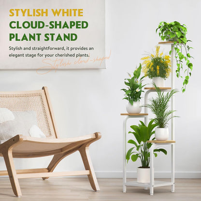TOSKING 5 Tier Metal Plant Stand Indoor 48''H Tall ,Heavy Duty Plant Shelf , Corner Shelf Flower Pot Stand for Outdoor Plant Stand for Living Room Balcony Garden Patio Bedroom (5 Tier-White and Wood)