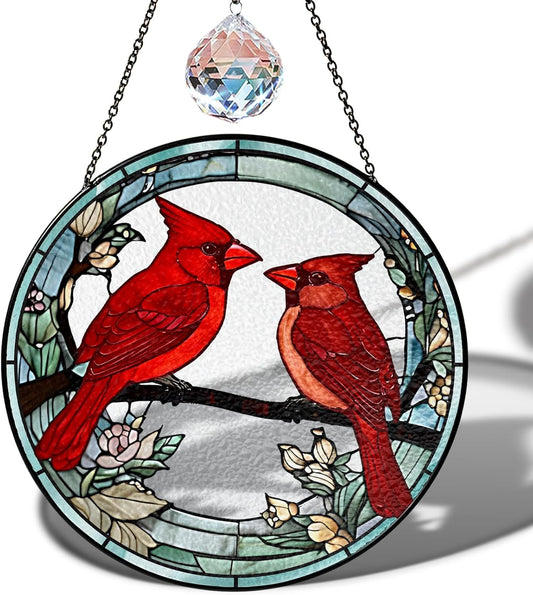 7.8" Cardinal Stained Glass Suncatchers, Red Birds and Flower Art Glass Sun Catcher for Window