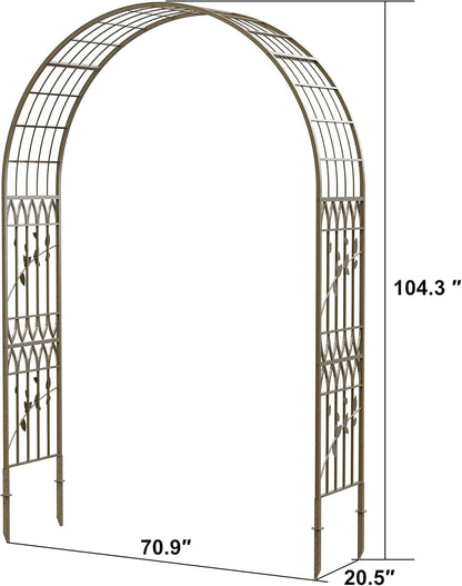 Jardineer Leaf-Patterned Garden Arch Trellis, 70.9W x 104.3H x 20.5D inch, Metal Garden Arbor with Decorative Leaf Design, Rustproof with Extended Thick Ground Stakes (Copper)