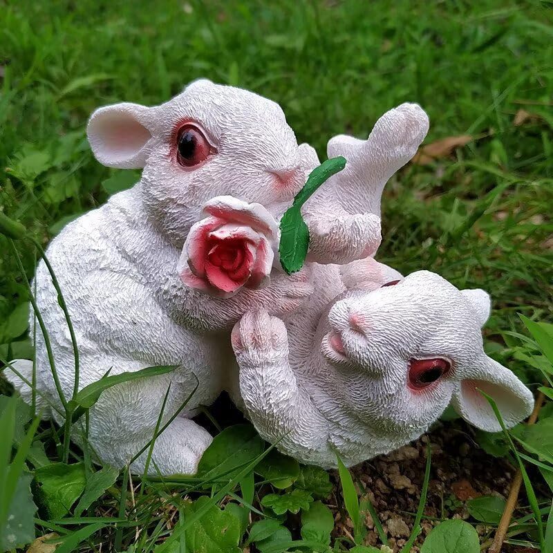 Garden Statues Bunny Decor Resin Flower Rabbit Figurine Cute Fairy Garden Decor Outdoor Statues for Patio Yard Porch Balcony Gifts for Women Mom Grandma White