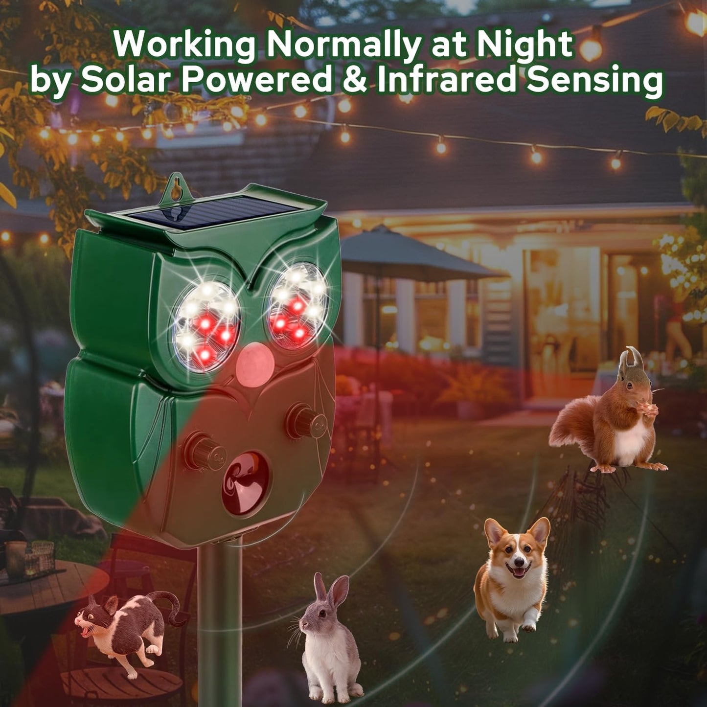 [2025 Upgrade] Solar Animal Repellent Outdoor for Deer Squirrel Mole Rabbit Cat Skunk Bird Raccoon Dog, Waterproof Ultrasonic Pest Repeller with Motion Detector and LED for Yard Lawns Garden 2 Pack