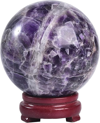 JIC Gem 3.1-3.5 inch(80-90mm) Large Crystal Ball Chevron Amethyst Healing Crystals Sphere with Wooden Stand Meditation Home Decor