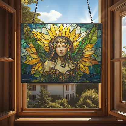Customized Rectangle Art Nouveau Sunflower Elf Stained Glass Window Hanging Sun Catcher Halloween Haning Ornament Decoration Christmas Birthday Gifts for Lover Friends Mother Day