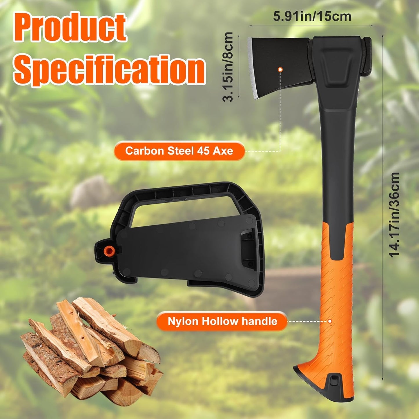 X14 Hatchet Axe, 14” Camping Axe for Wood Splitting & Kindling with Nylon Hollow Handle, Anti-Slip Shock Absorption Grip for Outdoor Survival, Firewood, Hiking & Yard Tools