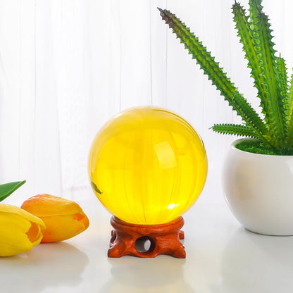 Yellow Crystal Ball 100mm/3.9 inch with Rose Wooden Stand and Gift Box for lensball Photography,Fortune Teller,Feng Shui, Witchcraft Decor,Scrying,Magic,Large Quartz Crystal Orb Prop Glass Sphere
