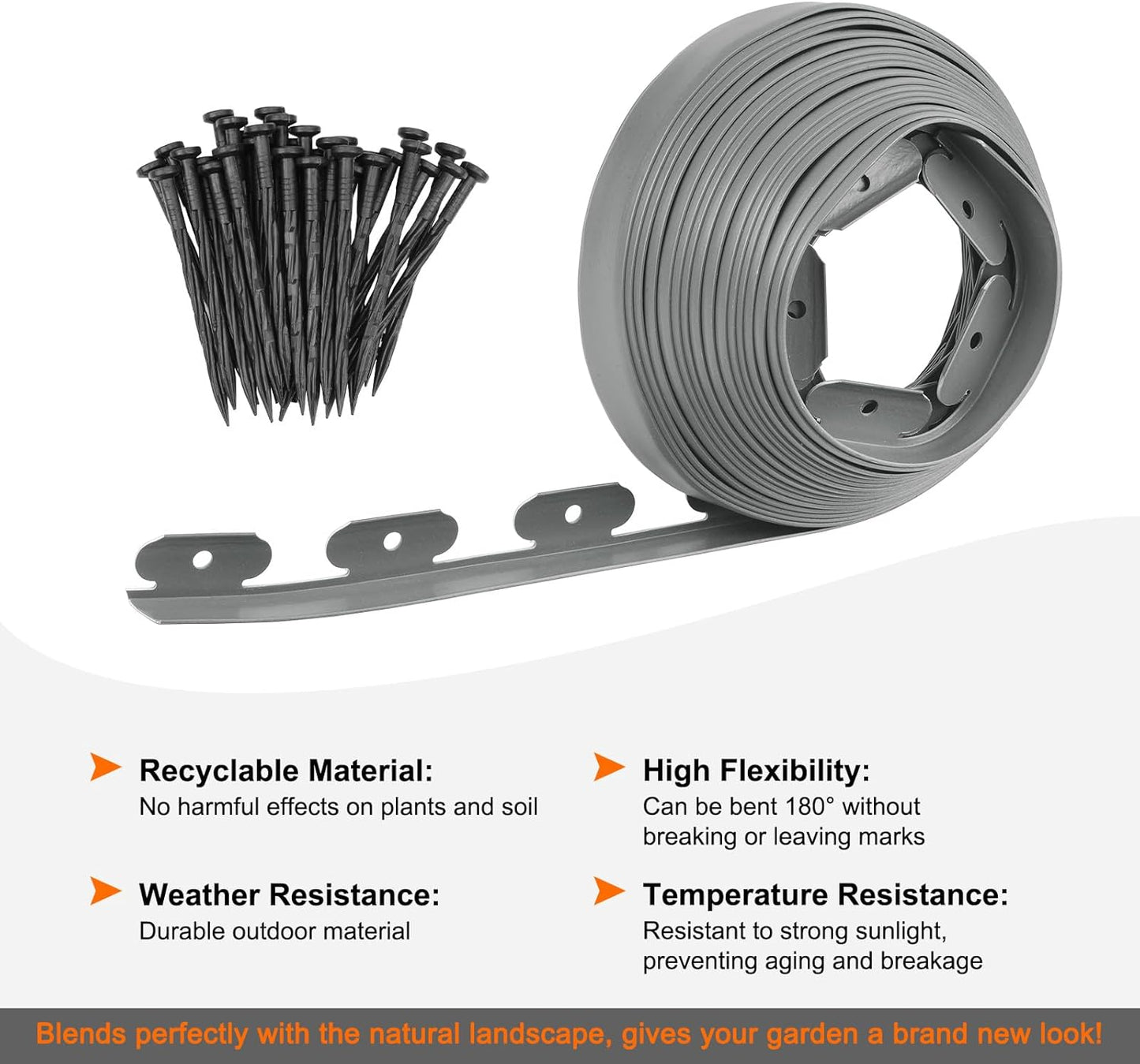 Garden Edging - 100 Feet Plastic Landscaping Edging Border with 93 Pack Spikes Apply to Flower Beds/Grass Lawn/Yard (1.57Inches Tall, Grey)