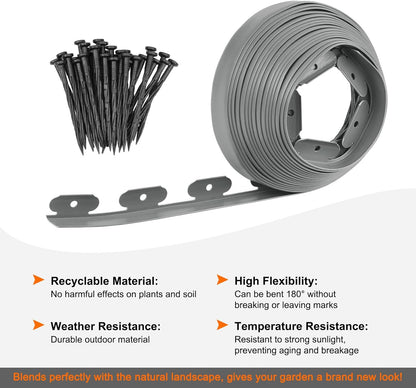 Garden Edging - 100 Feet Plastic Landscaping Edging Border with 93 Pack Spikes Apply to Flower Beds/Grass Lawn/Yard (1.57Inches Tall, Grey)