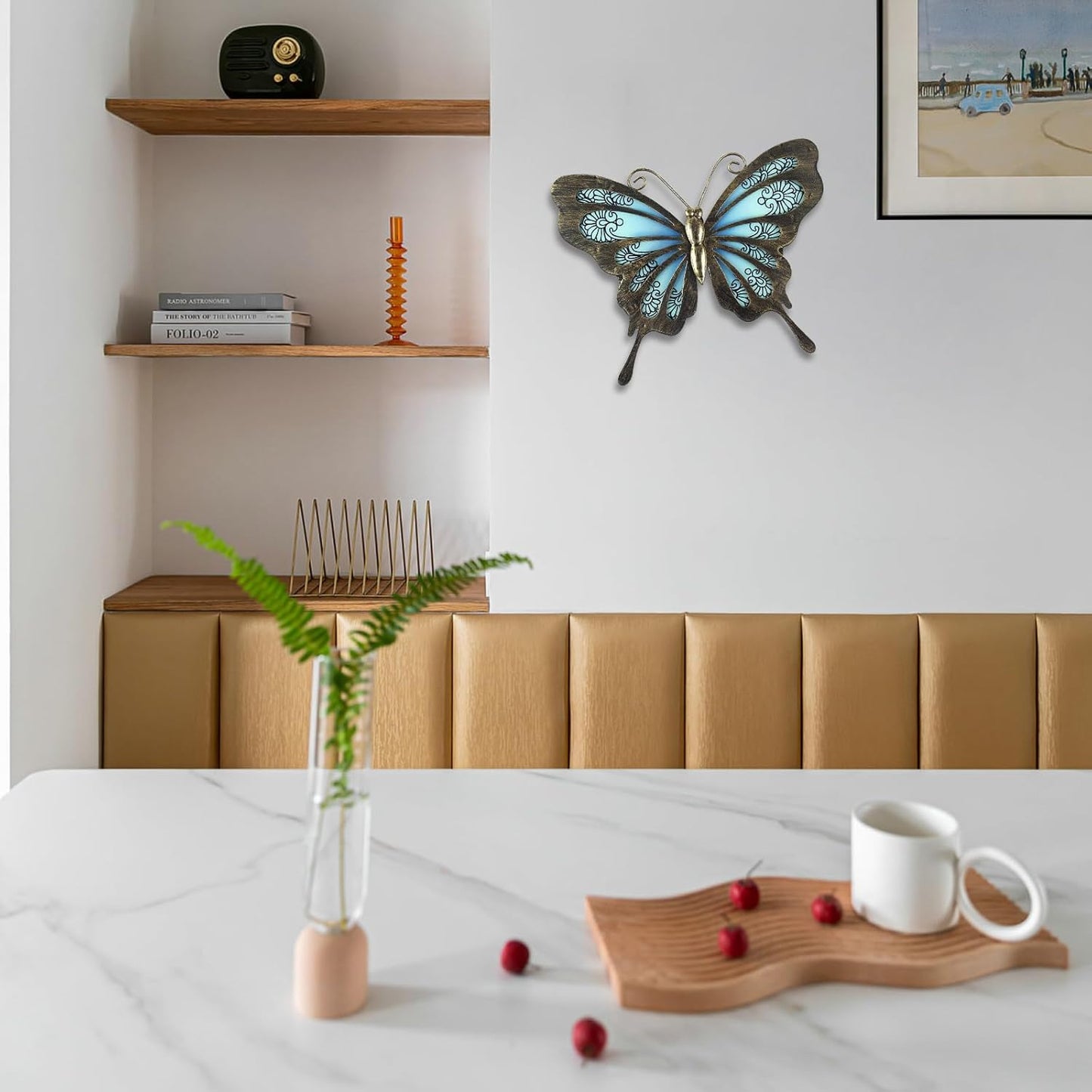 LIFFY Metal Butterfly Outdoor Decor 12" Hanging Glass Butterflies Wall Decor Garden Art Decorative Ornaments Outside Indoor Home Decor for Living Room Bedroom Patio Fence