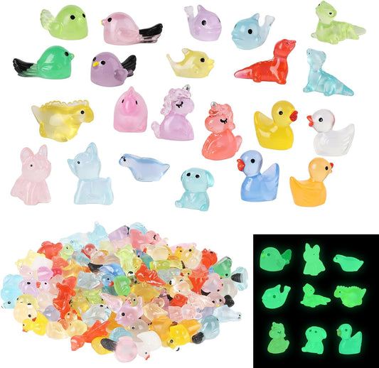 100 Pcs Tiny Resin Animals to Hide, Mini Luminous Resin Animals Bulk for Miniature Fairy Garden Accessories Micro Landscape Aquarium Cake Potted Plants Dollhouse Moss Patio Home Decor Crafts